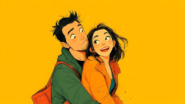 A happy young couple embraces affectionately against a vibrant yellow background showcasing their joyful relationship and love.