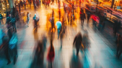 Blurry, motion-blurred, high-angle view of a city street, with people walking in all directions.