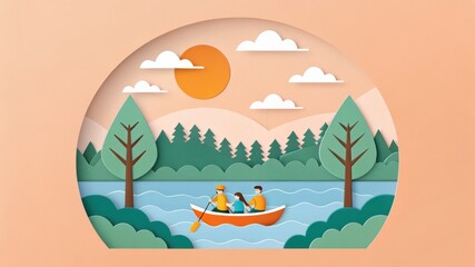 A colorful, paper-cut scene depicting two people kayaking on a serene lake surrounded by trees and mountains under a bright sun.