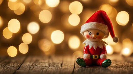 Christmas elf figurine sits cheerfully, holiday decoration glowing with Yuletide spirit, brings miniature cheer.