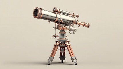 Fototapeta premium Silver and bronze telescope on tripod against light beige background