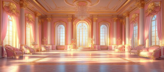 Fototapeta premium Sunbeams illuminate a grand, pink and gold ballroom with large windows, ornate moldings, and antique furniture.