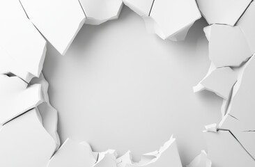 A white wall with a hole broken through the center, leaving jagged edges