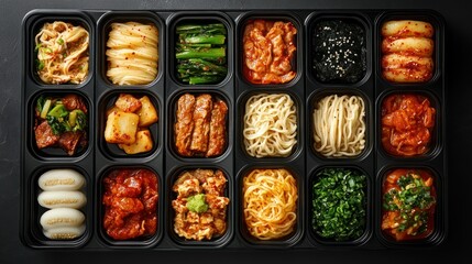 Korean banchan side dishes, neatly arranged in black container, present fresh assortment of colorful prepared foods.