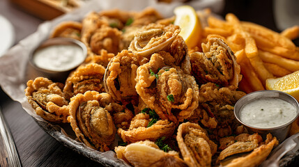Obraz premium Delicious Fried Whole Clams with Crispy Fries and Dipping Sauces on a Platter Ready to Enjoy