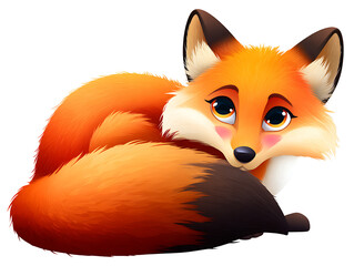 Obraz premium Adorable cartoon fox with fluffy orange fur and bushy tail, sitting shyly.