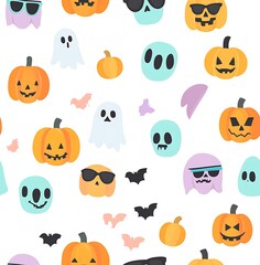 Halloween-themed seamless pattern icons, including a ghost, smiley face, peace sign, and sunglasses, in pastel colors on a cream background