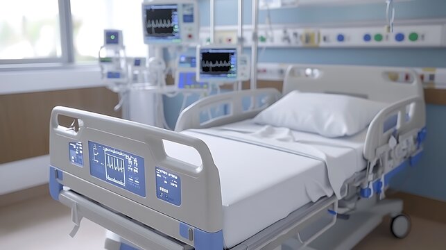 Modern Healthcare Room with Advanced Equipment and a Comfortable Hospital Bed