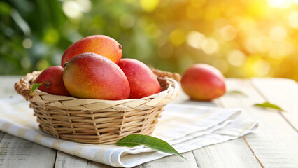 Mangoes in basket on wooden table in Natural Background, Mangoes in wicker basket on table
