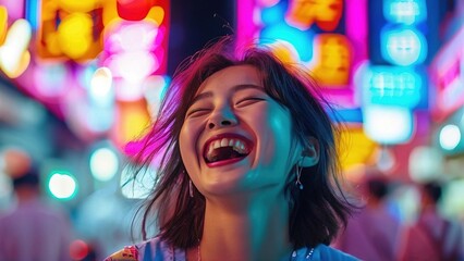 Happy woman laughing, vibrant city night, neon lights, urban joy, travel photo