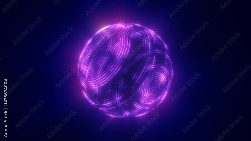 Poster a glowing purple sphere with intricate neon-like patterns floating in a dark background, resembling 