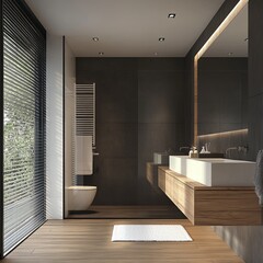 Modern Dark Bathroom Interior Design Luxury Wooden Vanity Minimalist Style Elegant Spacious Room Bright Sunlight Natural Light Clean Lines Dark Tiles 