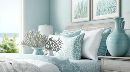 Coastal bedroom, ocean view, serene decor, calm beach scene, home interior design