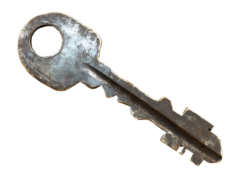 A rusty, antique key isolated on a transparent background, showing age and wear.