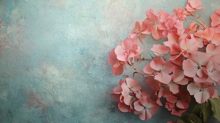 Pink flowers on a blue textured background with copy space.