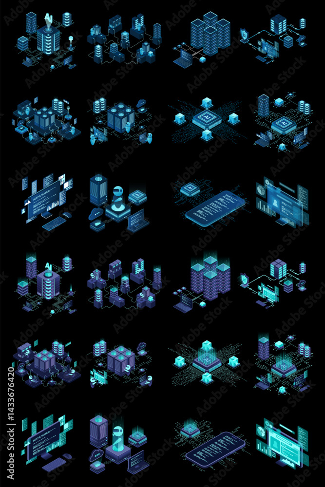 Aufkleber large set of isometric modern technology concept for cloud computing, datacenter, database, artifici