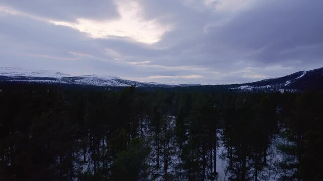Gloomy Wild Forest and Snow-Capped Ringebu Mountains Under Cloudy Sky