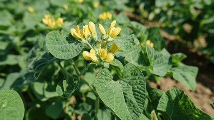 Yellow flowers bloom among green leaves, plant growing in field under sunlight showcasing nature beauty.