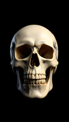 Realistic Skull 3d model render, face on, isolated on black background, Backlit. White tone
