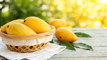 Mango in basket and some mango on table in Natural Background, Mangoes in wicker basket in Natural view