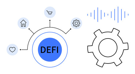 DEFI hub with connected icons for home, shopping cart, heart, gear, audio waves. Ideal for fintech, blockchain, cryptocurrency, innovation decentralization technology simple landing page