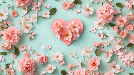 Fototapeta premium Heart shape surrounded by flowers creates delicate floral arrangement featuring pink, white blooms on pastel backdrop.