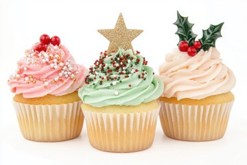 Festive cupcakes with toppings on white background