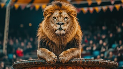 Lion sits regally, watching audience, animal showcases power, strength, wild nature, trained skills, stage presence.