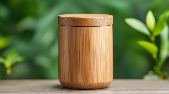 Light Brown Cylindrical Wooden Container with Lid on Wooden Surface
