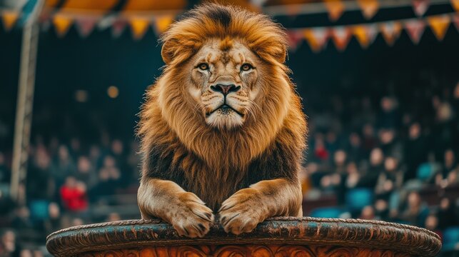 Lion sits regally, watching audience, animal showcases power, strength, wild nature, trained skills, stage presence.