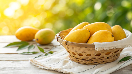 Mango in basket and some mango on table in Natural Background, Mangoes in wicker basket in Natural view