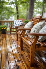 Obraz premium Elegant Wooden Deck Chairs After Rain – Deck Safety Month