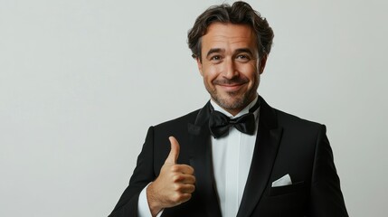 Caucasian man in tuxedo gives thumbs up, showcasing elegance, confidence, professional accomplishment, approval, maturity.