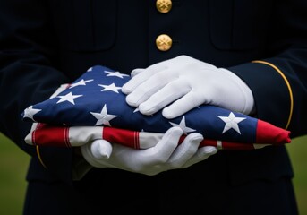 Hands of a uniformed person respectfully holding a folded American flag, representing honor and dedication.