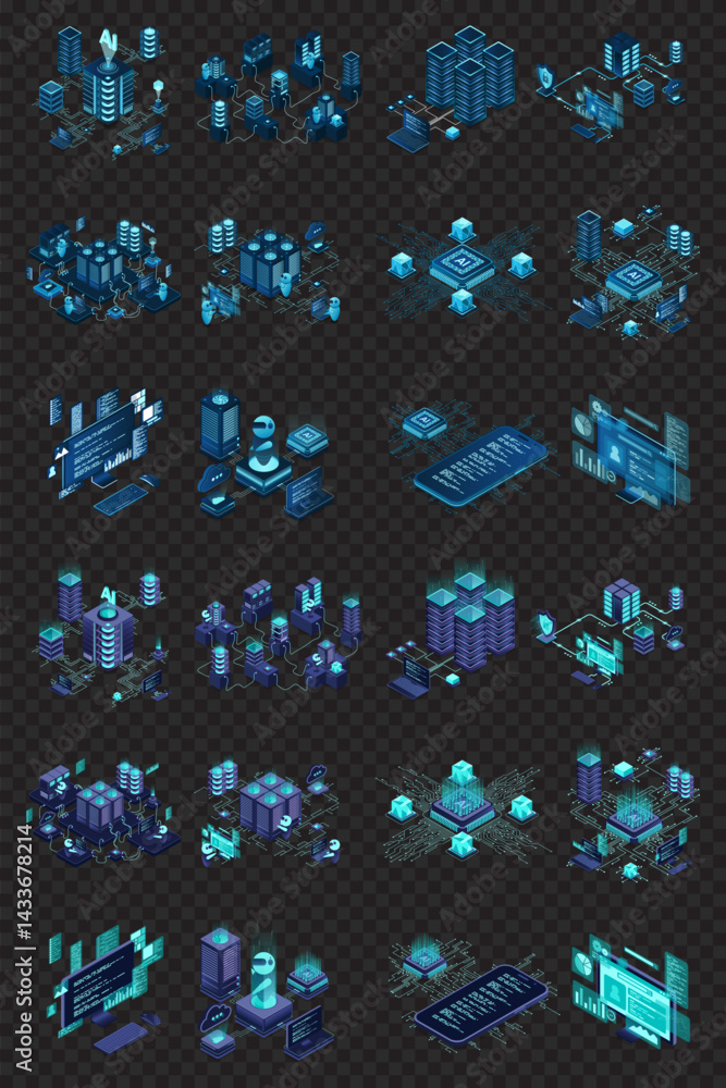 Poster large set of isometric modern technology concept for cloud computing, datacenter, database, artifici