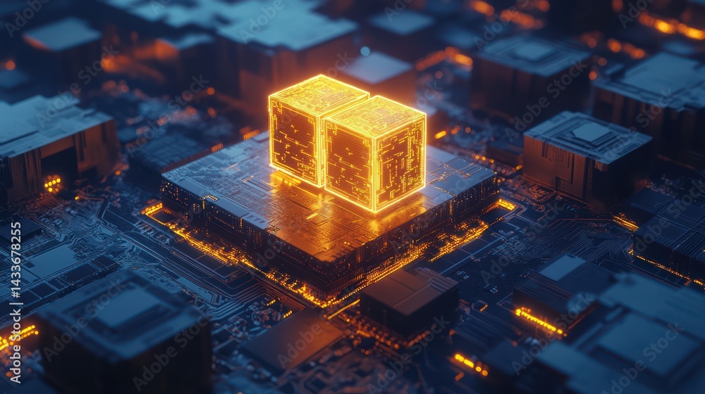 Poster abstract glowing cubes on circuit board, representing advanced technology applications