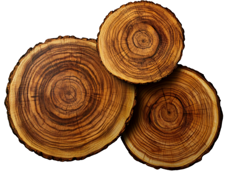 Three tree cross sections showing concentric rings and rich brown wood grain.