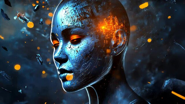 Fractured, futuristic, female face.  Dark, vibrant,  electronic design