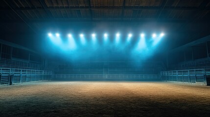 Rodeo arena stands illuminated by bright spotlights, showcasing empty seating, dirt floor, preparing celebration.