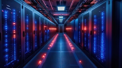 Fototapeta premium A server room corridor with illuminated racks showing blue and red lights.