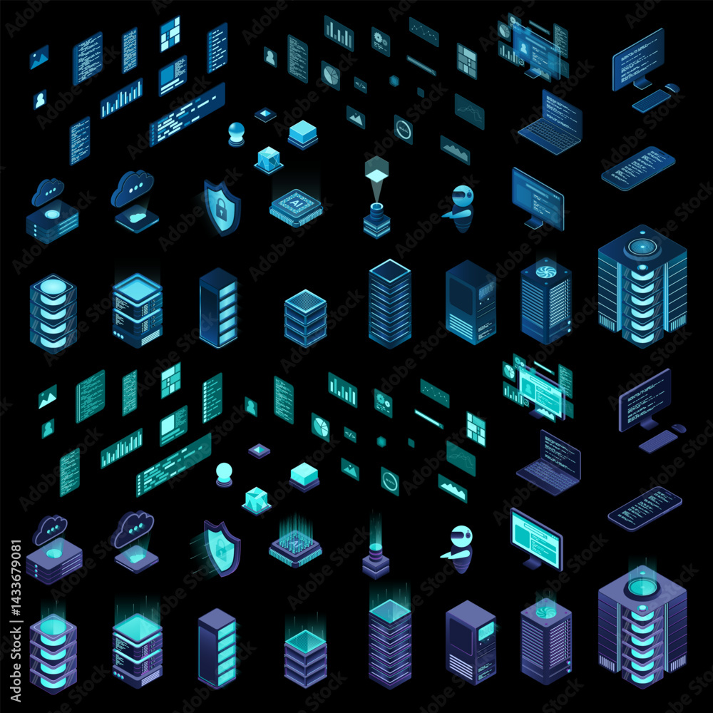 Poster large set of isometric computer technology. isometric set server equipment. modern technology concep