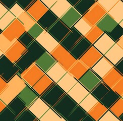 Peach and orange plaid seamless  pattern with green accents
