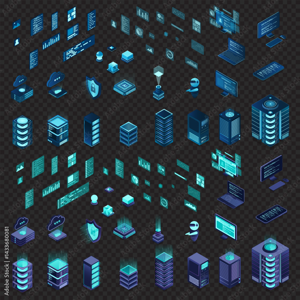 Poster large set of isometric computer technology. isometric set server equipment. modern technology concep