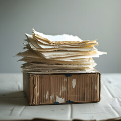 Pile of Aged Papers: A close-up shot reveals a collection of weathered paper sheets resting on a simple cardboard box, evoking a sense of history and aged. 