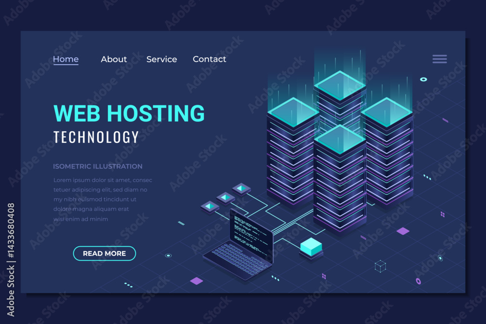 Poster Isometric web hosting landing page. Computing cloud and connections. Web hosting concept. Landing page template design. Isometric technology