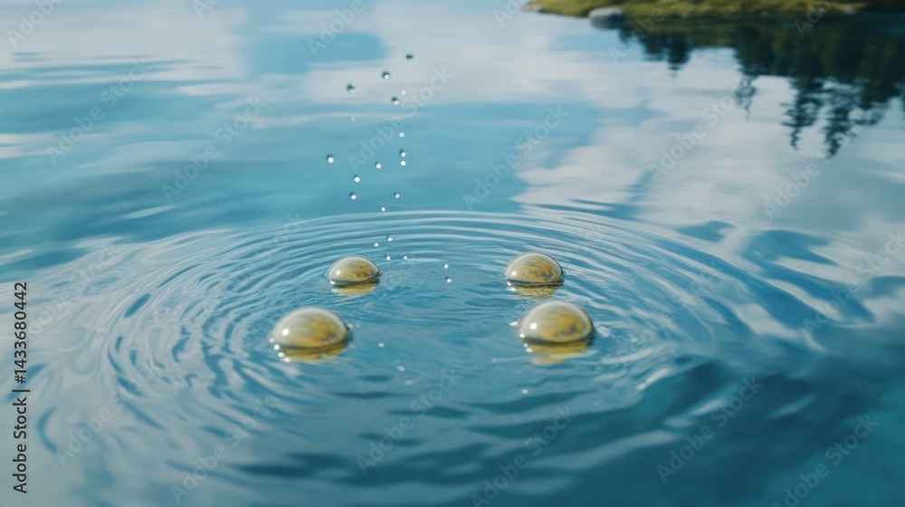 Poster droplets create ripples on lake surface. nature background for tranquil projects