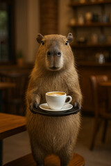 Meet adorable capybara barista, elegantly balancing a tray with a steaming cup of coffee 