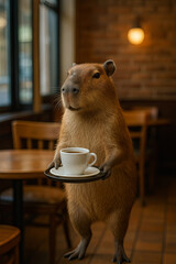 Meet adorable capybara barista, elegantly balancing a tray with a steaming cup of coffee 