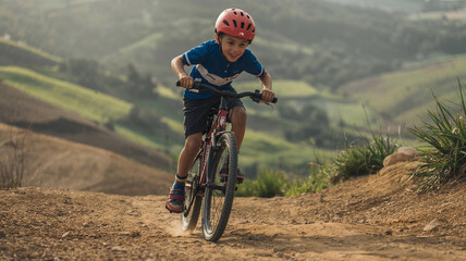 Fototapeta premium A boy pedals hard up a steep hill