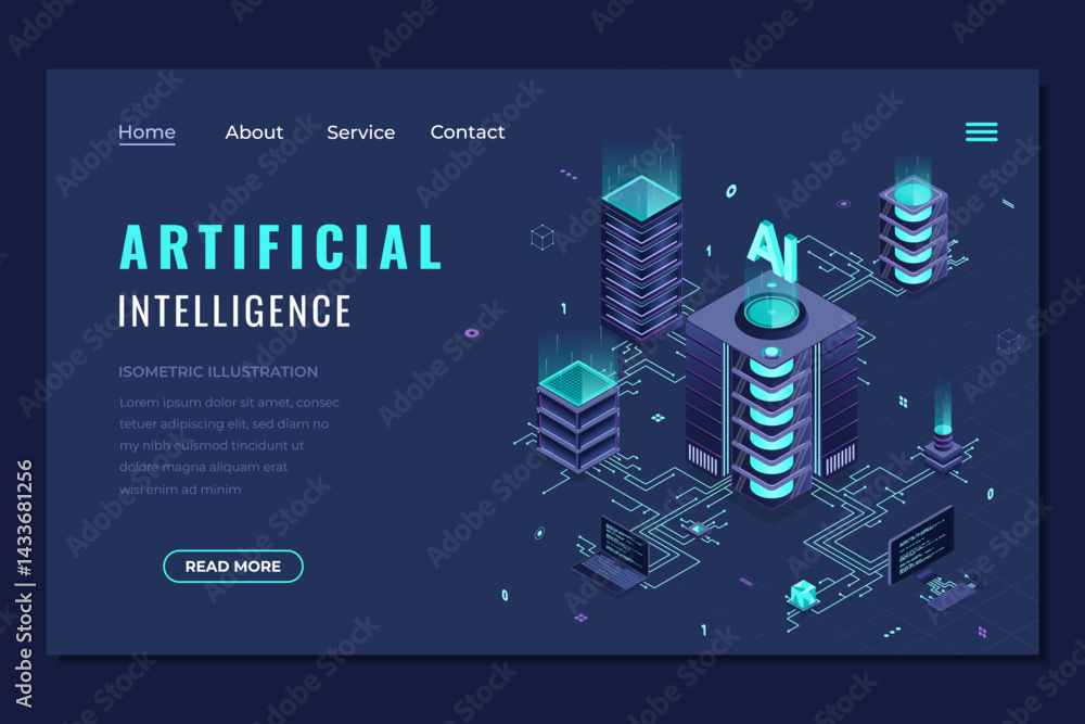 Poster isometric artificial intelligence landing page. machine learning technology. digital technology webs